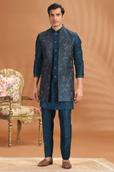 Prussian Blue Silk Embroidered Jacket Kurta Set